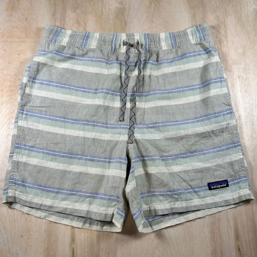 Patagonia Mens Hemp Organic Cotton Striped Shorts Grey Blue Large 57075